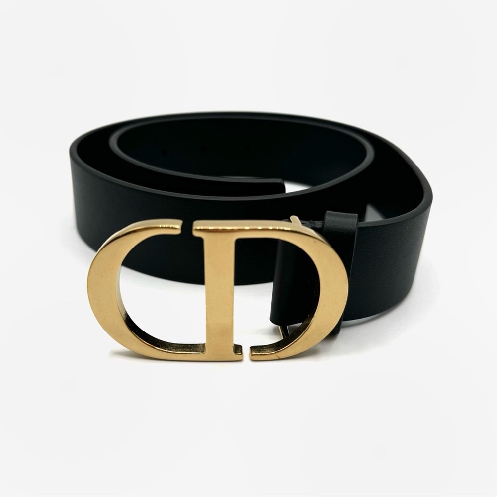 NEW Christian Dior Black Gold CD Montaigne Logo Leather Belt 35 mm